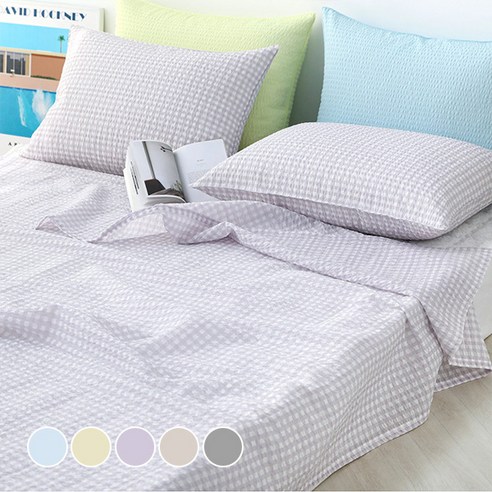 아망떼 허니듀 체크 시어서커 리플 홑이불 + 베개 세트, 해피 옐로우