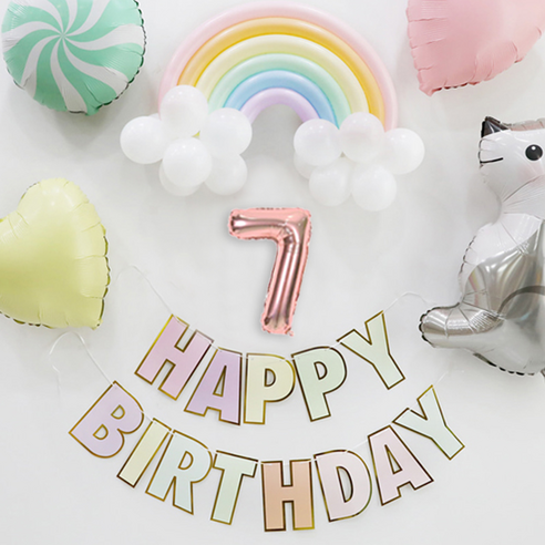 e베이비랜드 무지개 생일 숫자풍선 소 + 생일가랜드 세트, 파스텔(무지개 풍선), 로즈골드(숫자풍선7)