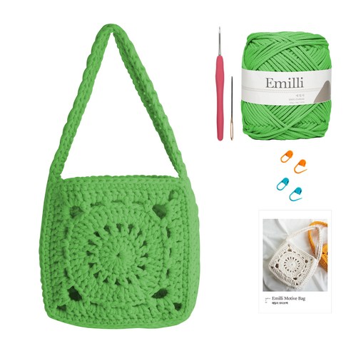 yarna 에밀리 모티브백 DIY 패키지, 1세트, 28 라이트그린(실), 랜덤발송(코바늘, 단수링)