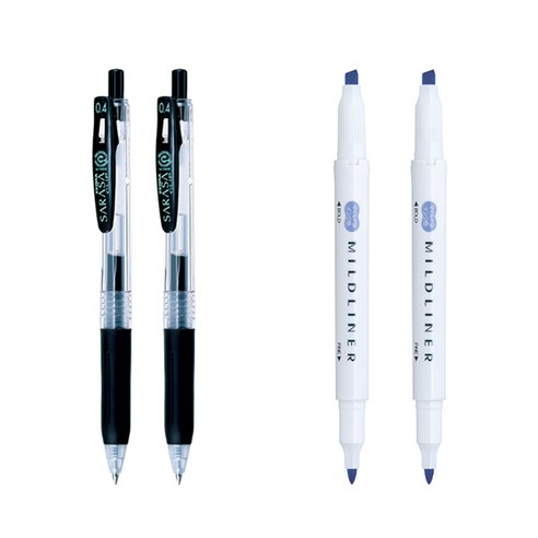 제브라 마일드라이너 마카 2p + 사라사 클립 볼펜 0.4mm 2p 세트, 다크블루(마일드라이너), 검정(볼펜), 1세트