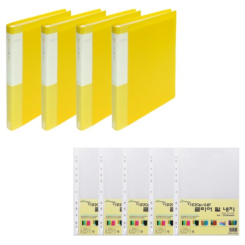 에코청운 PP 클리어파일 A4 40매 x 4p + 리필 속지 0.8mm 100매 세트, 노랑, 1세트