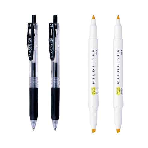제브라 마일드라이너 마카 2p + 사라사 클립 볼펜 0.5mm 2p 세트, 레몬옐로우(마일드라이너), 검정(볼펜), 1세트