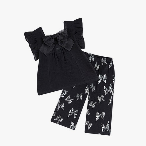 월튼키즈 여아용 통기성 백리본바캉스 와이드 팬츠 상하복 세트