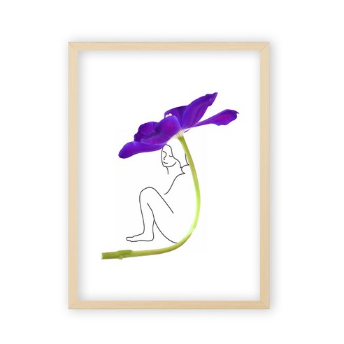 인테리어 포스터 꽃과여인 E + 우드액자 세트, 베이지