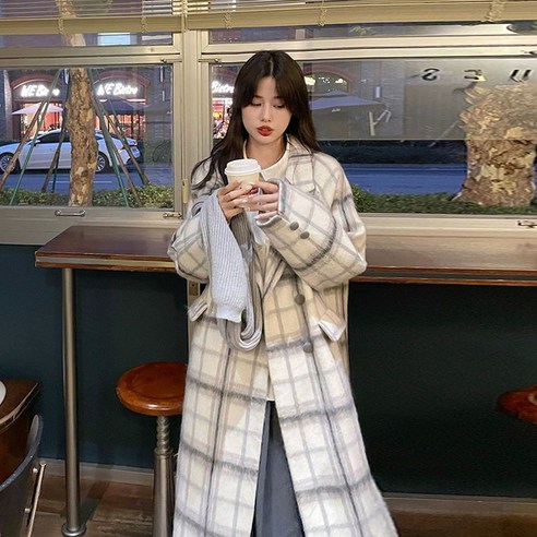 피어니스트 여성용 포근한 체크 패턴 빅카라 롱 코트
