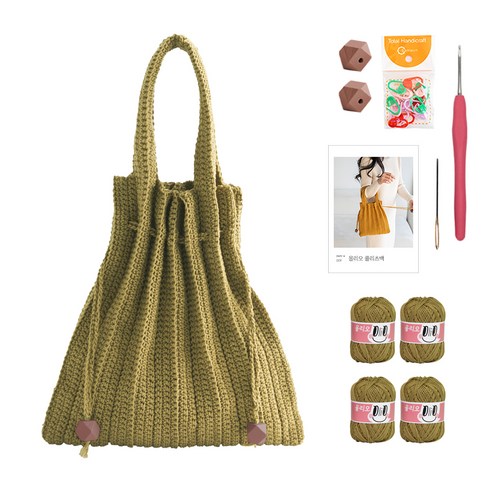 yarna 올리오 단색 플리츠백 DIY 패키지 S, 714 올리브카키(뜨개실), 브라운(우드볼), 랜덤발송(단수링), 1세트