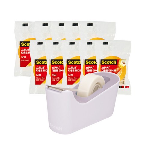 쓰리엠 스카치 탁상용 테이프 디스펜서 C18 + 다용도 테이프 리필 550 12mm x 20m 5p + 18mm x 20m 5p 세트, 라벤더(디스펜서), 1세트