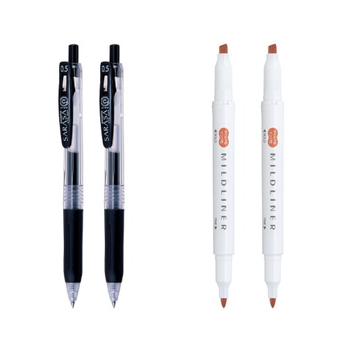 제브라 마일드라이너 마카 2p + 사라사 클립 볼펜 0.5mm 2p 세트, 버밀리온(마일드라이너), 검정(볼펜), 1세트