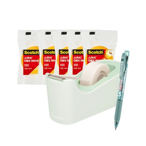 쓰리엠 스카치 탁상용 테이프 디스펜서 C18 + 다용도 테이프 리필 550 12mm x 20m 5p + 모나미 플립 3색 볼펜 0.5mm 세트, 민트(디스펜서), Sage Green(볼펜), 1세트