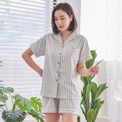 도씨 커플용 순면 카라 반팔 스트라이프 잠옷