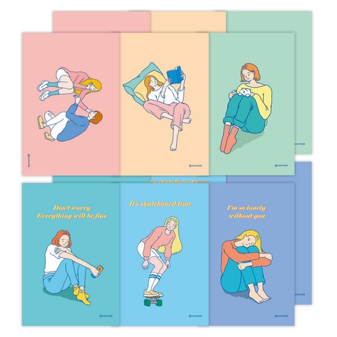 콤마비 엽서 6종 세트, 핑크커플, 휴식2, 고양이 소녀, 씽킹, 스케이트보드, 글루미, 2세트