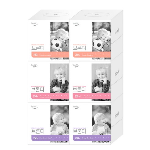 브론디 미용티슈 미니정사각 천연펄프 2겹 250매, 6개, 1개입