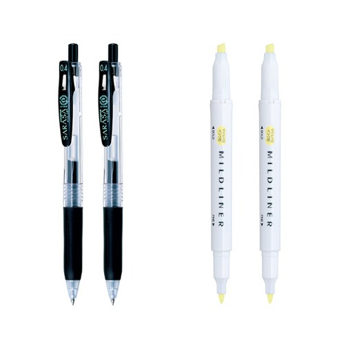 제브라 마일드라이너 마카 2p + 사라사 클립 볼펜 0.4mm 2p 세트, 옐로우(마일드라이너), 검정(볼펜), 1세트