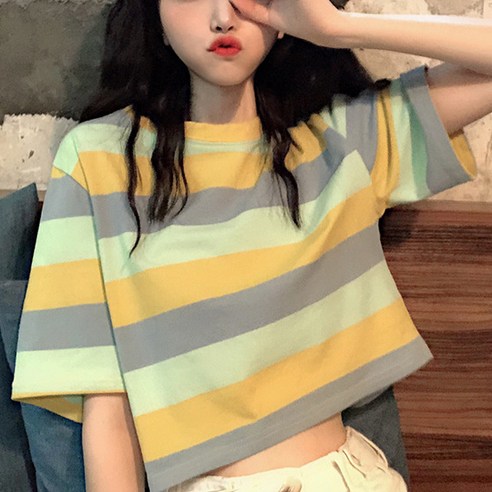 구디프 여성용 레이디 컬러 스트라이프 크롭 반팔 티셔츠
