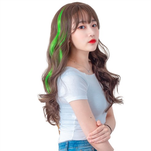 가발위드 단색 웨이브 컬러 포인트 피스 5p + 트윙클 붙임머리 세트, 그린(컬러피스), 랜덤발송(붙임머리), 1세트