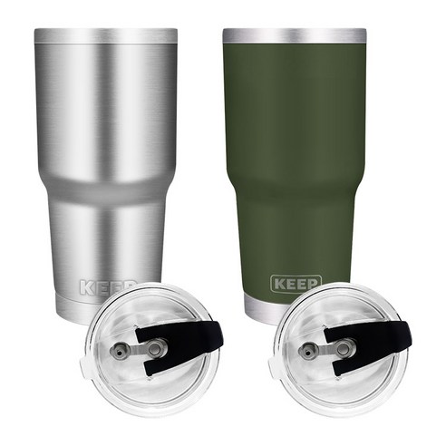 KEEP 대용량 이중 진공 스텐 보온 보냉 밀폐형 빨대 뚜껑 텀블러 2p, 실버, 카키, 900ml