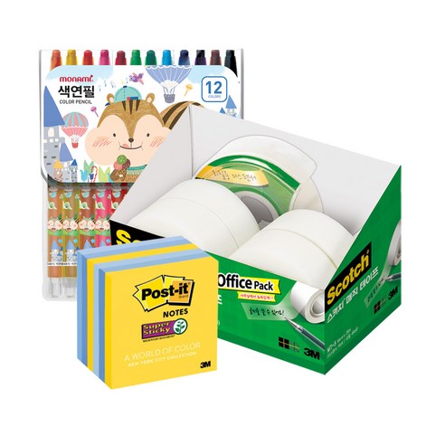 쓰리엠 매직 테이프 오피스 팩 18mm x 25m MT-5 + 포스트잇 월드오브컬러 팝업 리필용 뉴욕 + 모나미 샤프식 색연필 12색, 블루(색연필), 1세트