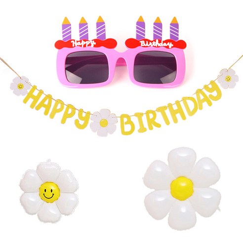 JOYPARTY 데이지생일가랜드 + 풍선 소형 + 중형 + 생일촛불 안경 세트, 핑크(안경), 1세트