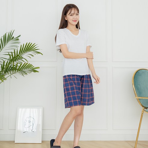 씨엘스토리 여성용 체크 인견 5부 파자마 바지