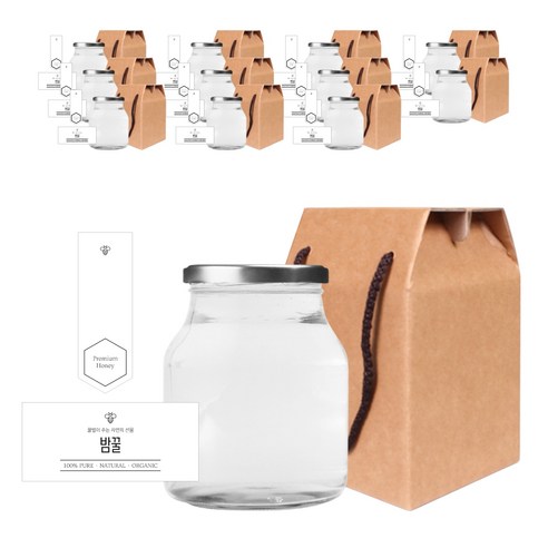 원형식품 꿀병 1000g + 실버캡 + 심플밤꿀S 스티커 + 봉인스티커 세트, 12세트, 780ml