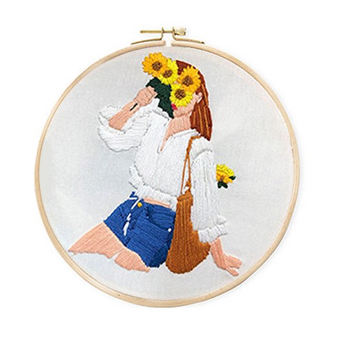 코쿼드 DIY 초보자용 십자수 프랑스자수 패키지 세트 20cm, 1세트, 꽃을든여인