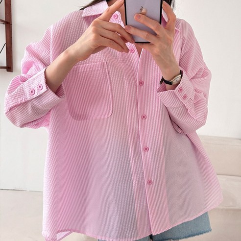 더캐시 줄지 임산부 셔츠 남방