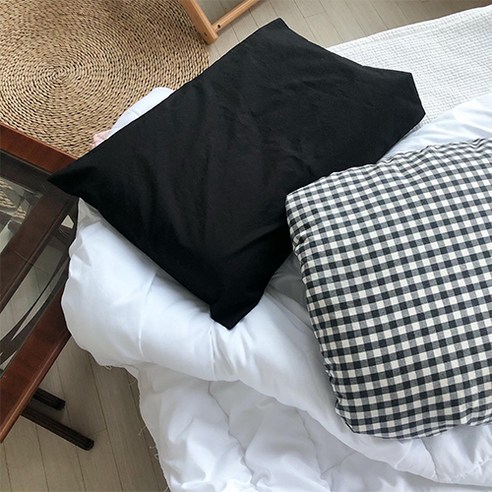 에이슬립 깅엄체크 고무줄 베개커버, 블랙