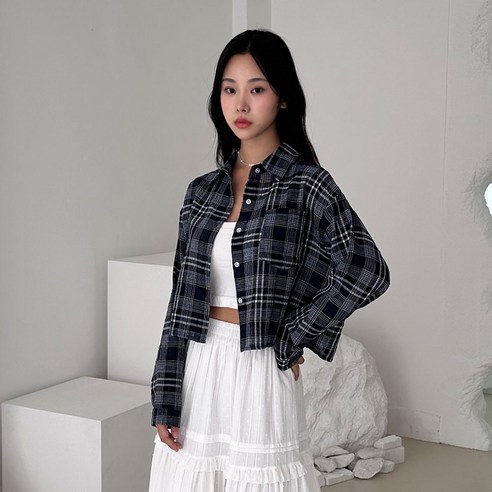디어로라 여성용 루즈핏 크롭 체크 셔츠 BM_S005