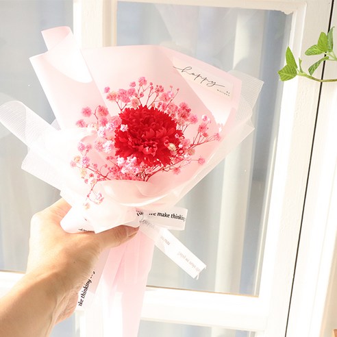 모리앤 조화 감사 한송이 카네이션 생화안개 프리저브드 꽃다발, 레드, 1개