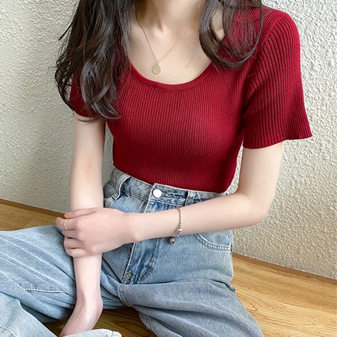 레몬소울 여성용 로텔 라운드 골지 니트 반팔 티셔츠