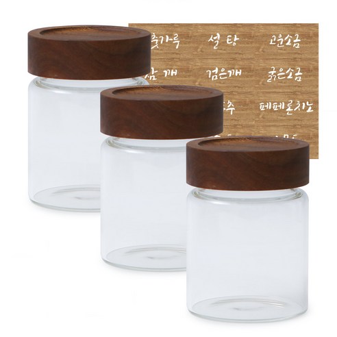 이우아여사 감성 우드 내열유리 밀폐 양념병 260ml x 3개 + 스티커, 1세트