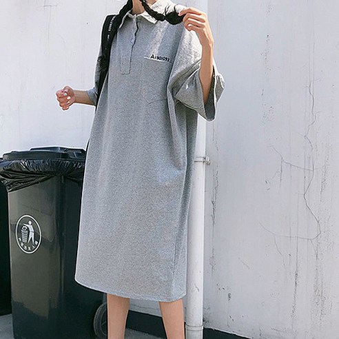 박시한 POLO 셔츠형 임산부 롱 원피스