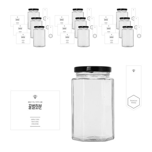 육각 꿀병 310ml + 러그캡 블랙 + 병스티커 심플 꿀벌화분L + 봉인스티커 세트, 10세트