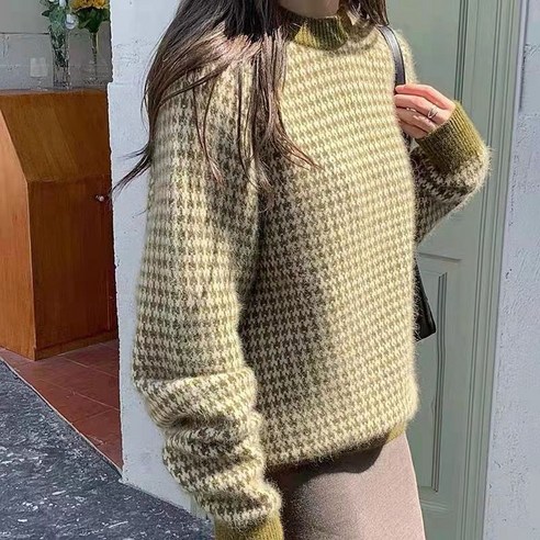 Mao너구리 벨벳 새 격자 무늬 녹색 라운드 넥 풀오버 스웨터 여성 가을 겨울 새로운 느슨한 스웨터 겉옷 두꺼운