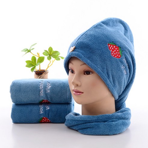 ZZJJC 드라이캡 물빨래 좋은 샤워캡 샴푸 빨리마르기 자수타월가방녀 긴머리 두툼하게 두건 닦기, 딸기, 36*68cm