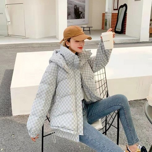 Meng 겨울 새로운 유럽 역 후드 격자 무늬 두꺼운 여성 다운 재킷 짧은 캐주얼 패션 코트