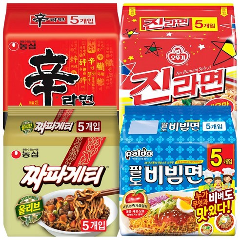 오뚜기 농심 팔도 멀티팩 4종 세트 (신라면5P + 진라면매운맛5P + 짜파게티5P+ 팔도비빔면5P), 1세트