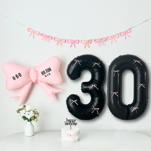 연지마켓 리본 숫자 풍선 블랙 생일 파티 두돌 세트 (자유레터링), 1세트, 리본풍선 블랙 30