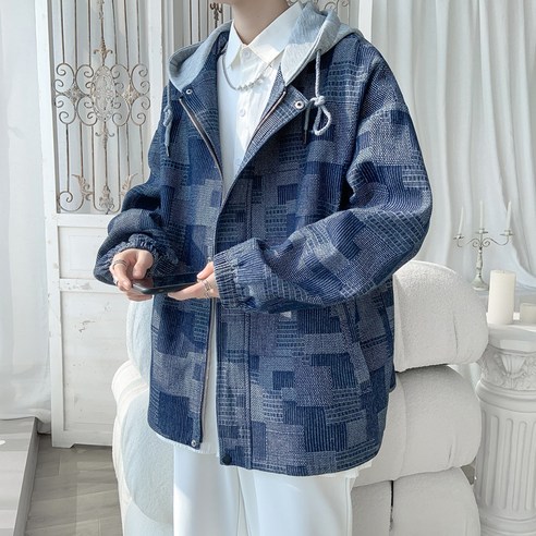DFMEI 가짜 투피스 데님 재킷 남자 가을 겨울 느슨한 대형 후드 자켓 한국어 스타일 유행 홍콩 홍콩 스타일 격자 무늬 레트로 자켓
