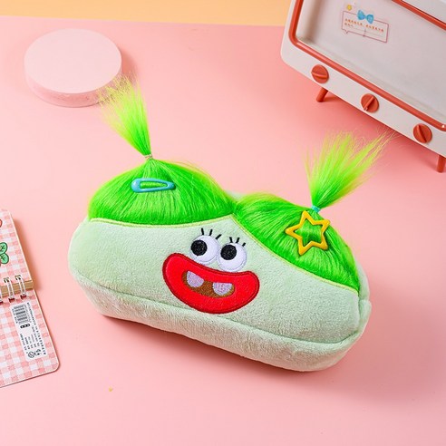 못난이 자매 귀여운 캐릭터 얼굴 머리카락 필통, 1개, 연두색