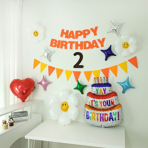 상큼화사 오렌지 펠트 생일가랜드 숫자펠트 전체 호일풍선 구성 생일파티용품 세트, 1세트, 숫자2번