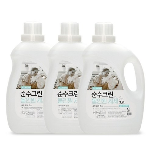순수크린 세탁 표백 올인원 액체세제3.2Lx3개 프리미엄 자연유래성분첨가, 3.2L, 3개 세탁세제 순수크린 세탁 표백 올인원 액체세제3.2Lx3개 프리미엄 자연유래성분첨가, 3.2L, 3개 세탁세제
