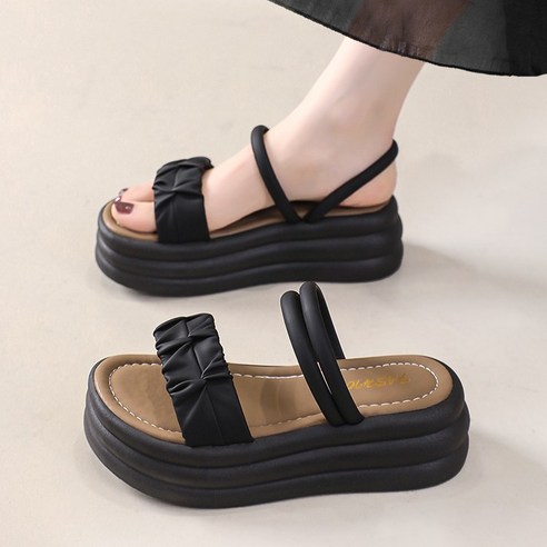 Modern Fashion 여성 발편한 샌들 데일리 통굽 밴딩 슬리퍼, 블랙, 240