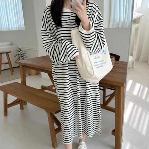 우아글로벌 긴팔 루즈핏 줄무늬 맥시 롱원피스