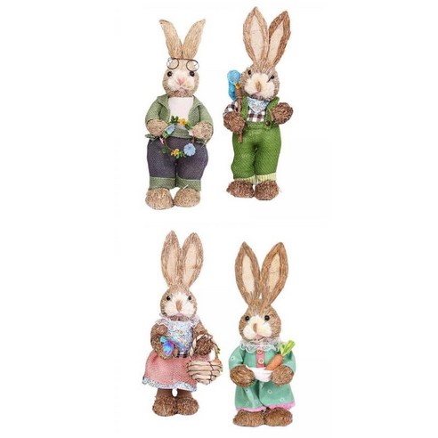 4x 밀짚 토끼 장식 농부 토끼 집 테이블 장식 동물 서, 밀짚 폼 천, 핑크+브라운
