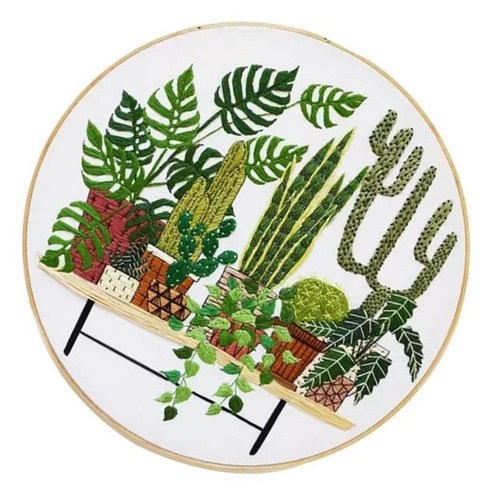 자수 스타터 키트 자수 후프 (20cm) 미리 인쇄된 천 DIY 바느질 키트 - 화분, EC001, 코튼