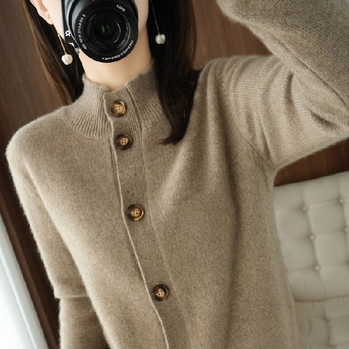 올가을 한판 패션 라운드 넥 순색 루즈핏 스웨터 코트 캐주얼 날씬한 니트 카디건 여성