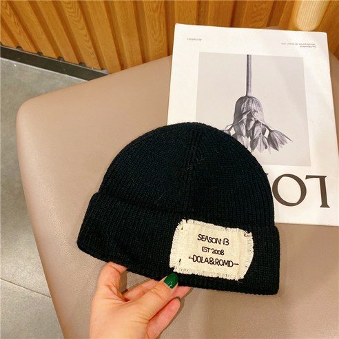 KORELAN모자 유행 복고 스티커 커플 털실 모자 여자 가을 겨울 큰 머리 둘레 보온 한국어 ins 귀 보호대 니트 모자