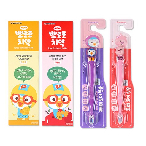 뽀로로 치약 2종 + 뽀로로와 친구들 칫솔 2종, 1세트, 4개입, 파인애플치약+사과치약+패티칫솔+루피칫솔
