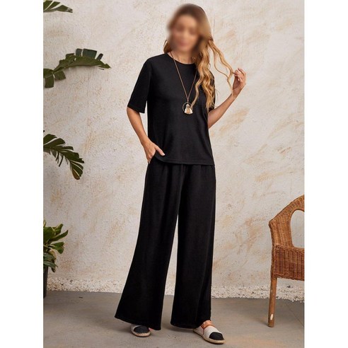 캐주얼 포켓 플레인 투피스 세트 와이드 셋업 셔츠 블라우스 코디